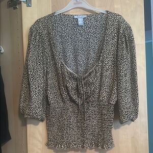 Revamped Black and Tan Smocked Puff Sleeve Blouse